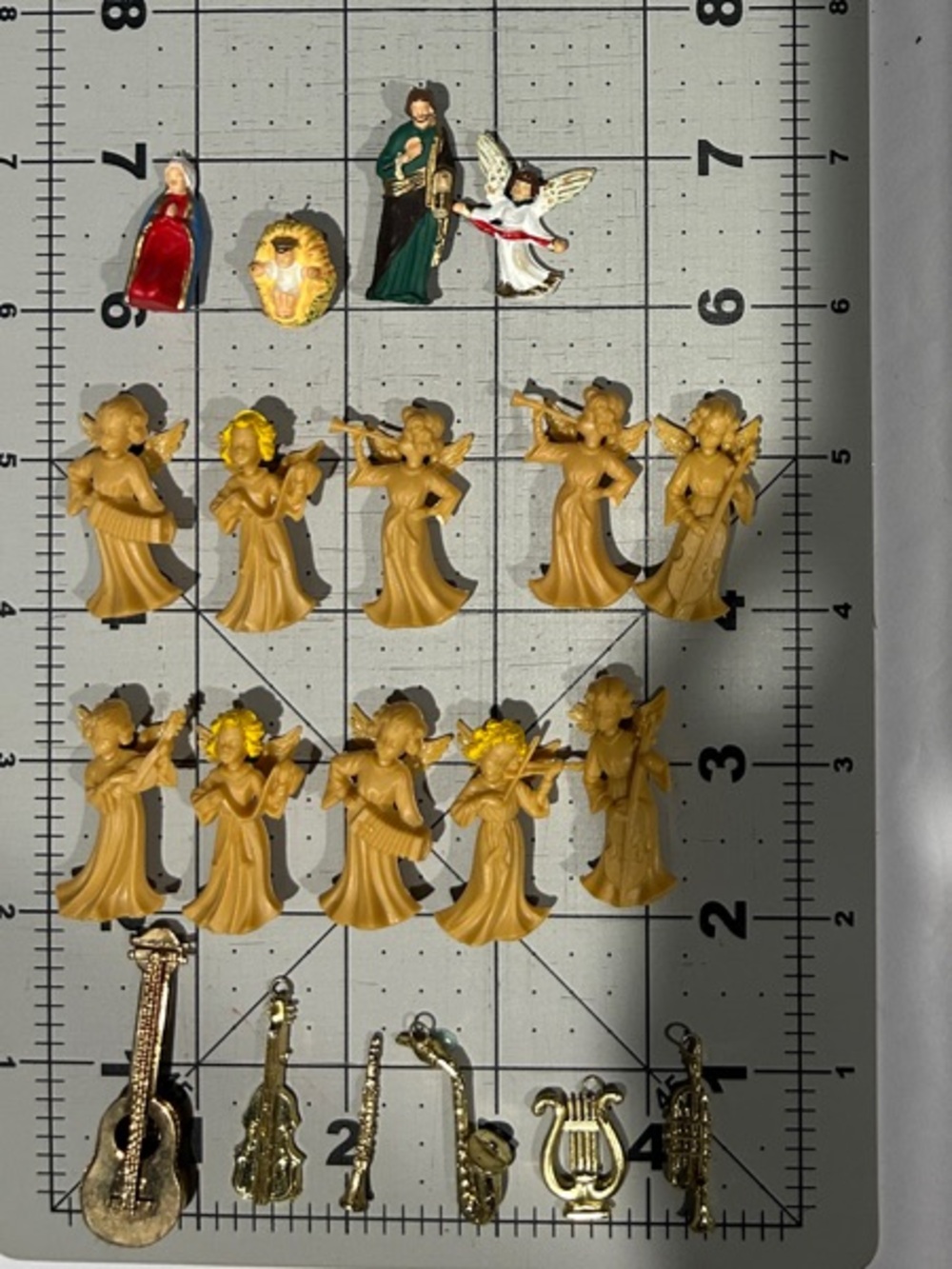 Miniature Plastic Nativity, Angel and Musical Instrument Charms